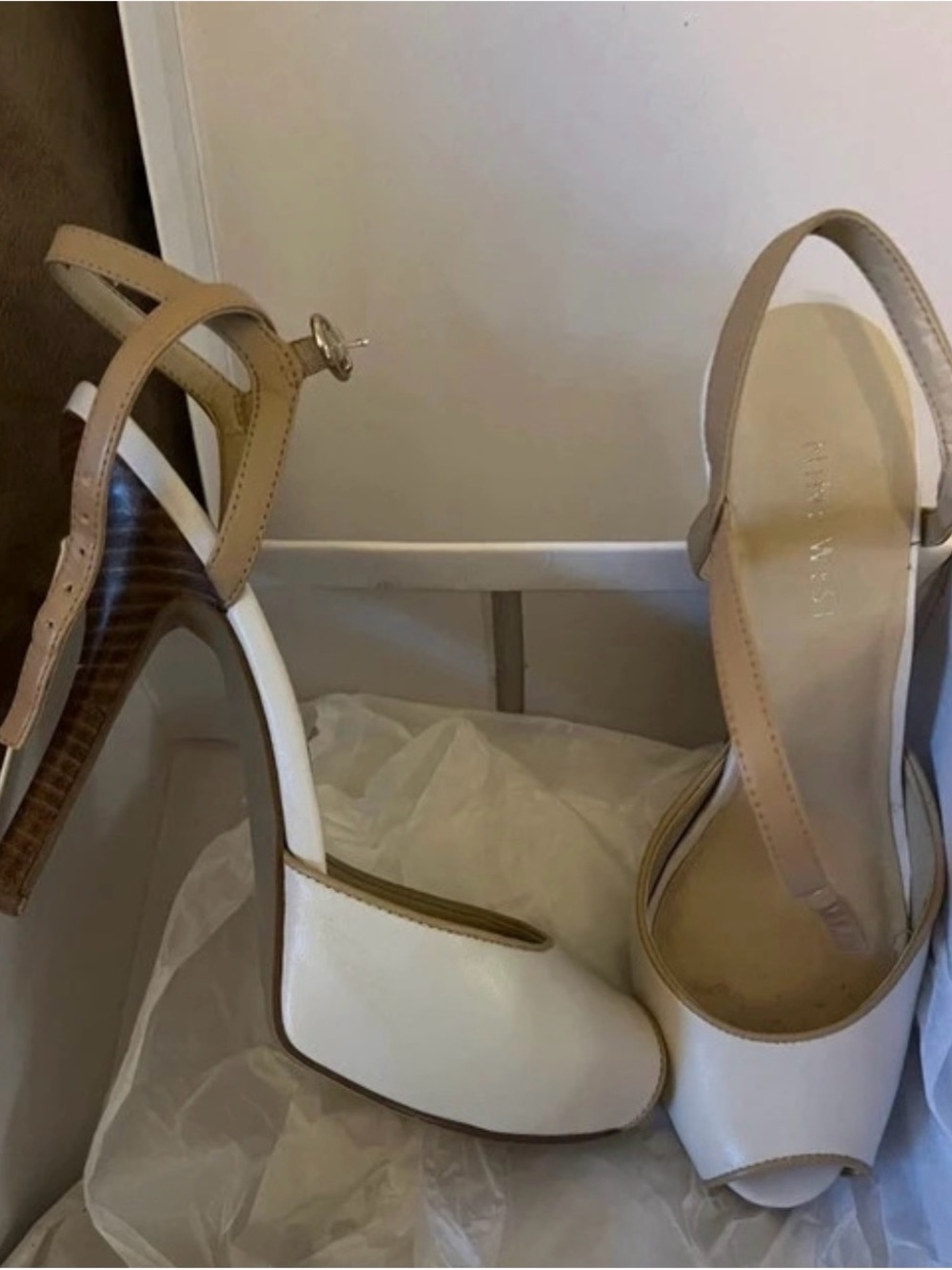 Nine West -White and Tan Slingback Peep-Toe Heels